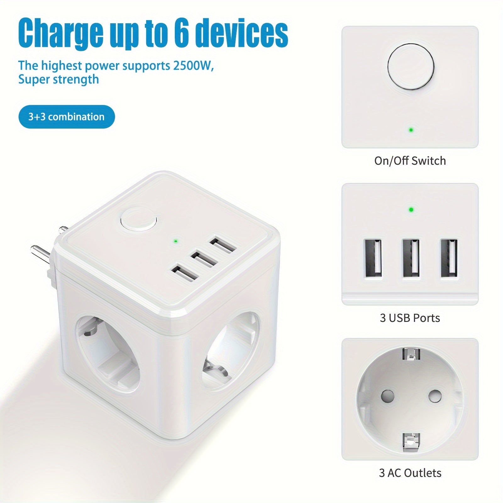6-in-1 Power Strip Cube Outlet with 3 USB Ports Surge Protection 2500W for Home Office Travel