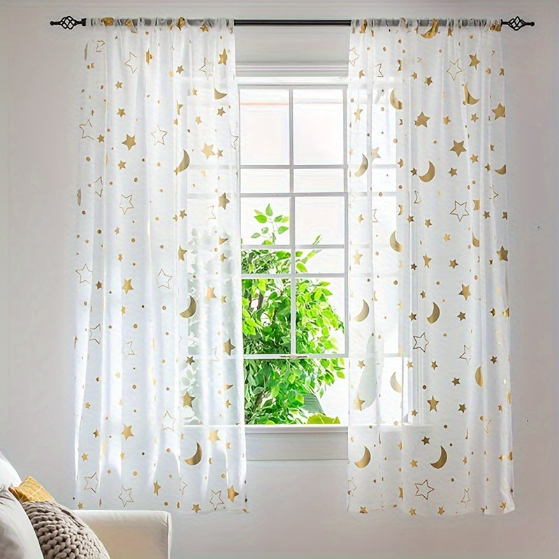 White Tulle Curtains with Silver and Gold Star Moon Cartoon Design for Kids Room