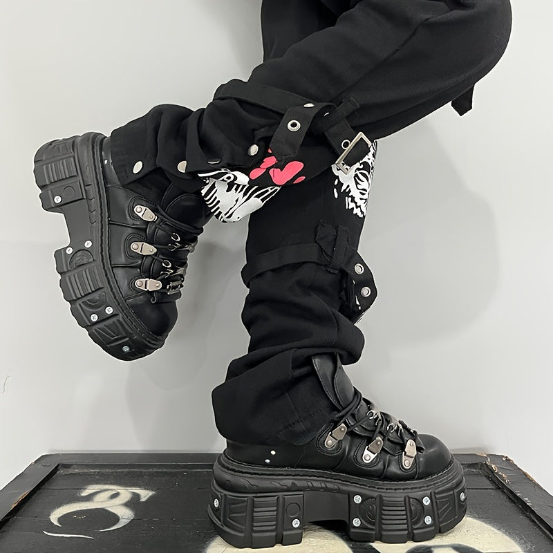 Women's Gothic Black High-Top Sneakers with Platform Heel Non-Slip Rubber Sole