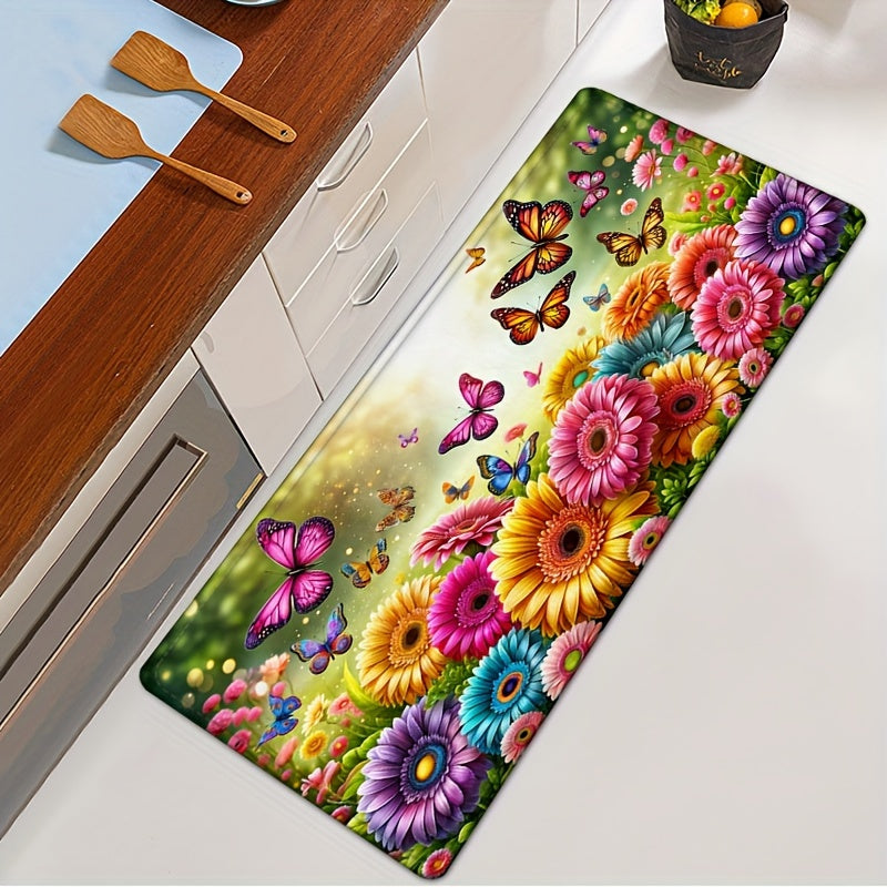 Flannel Flower Kitchen Rug Waterproof Non-slip Absorbent Anti-fatigue Mat with Sunflower Design
