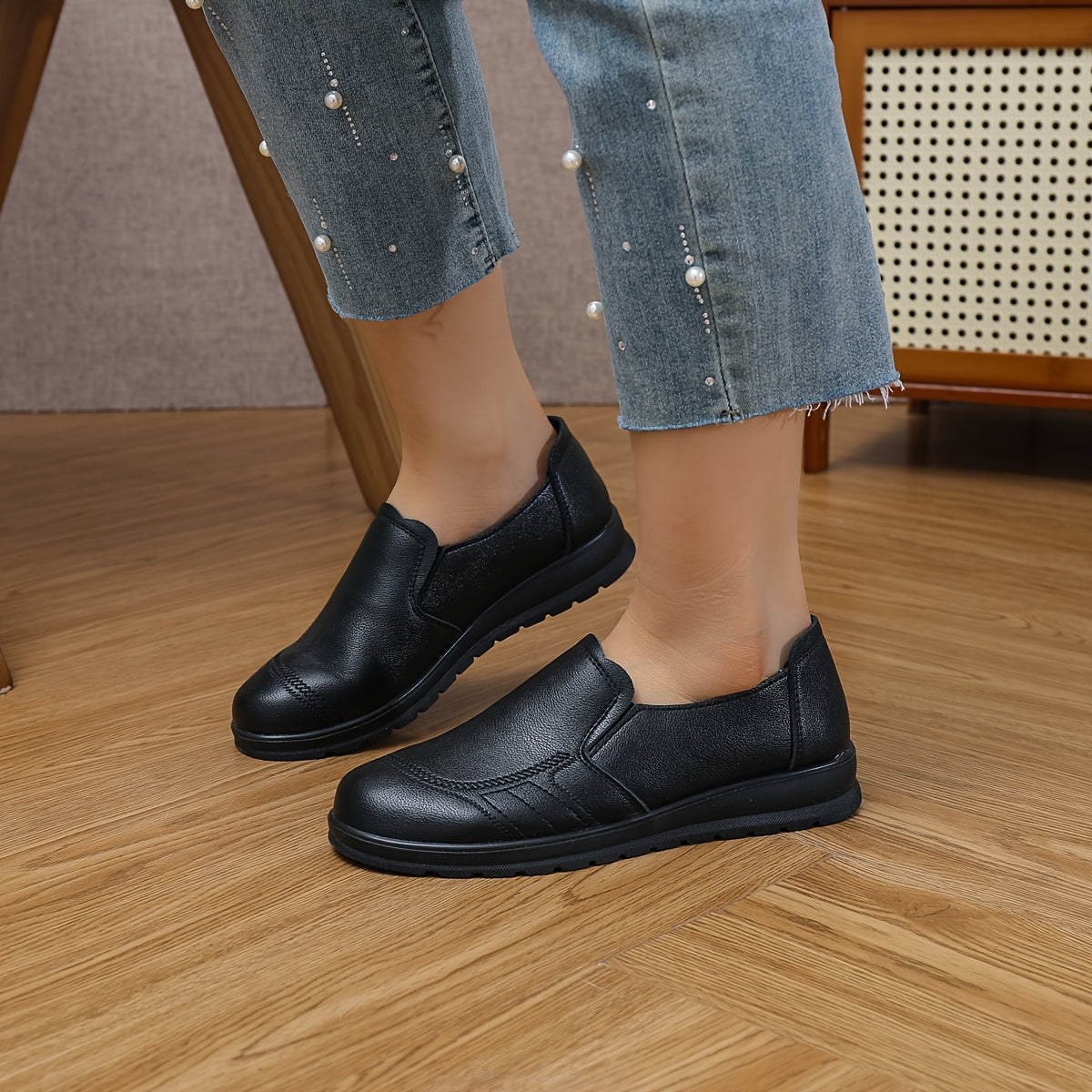 Women’s Vegan PU Penny Loafers Slip-On Round Toe Office Party Shoes Maroon Black Sole