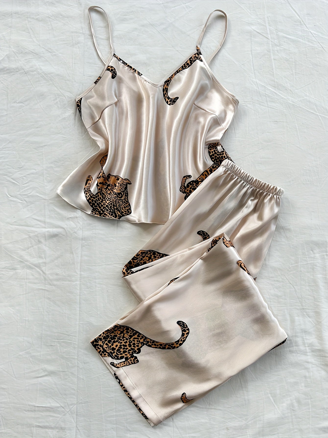 Leopard Print V-Neck Suspender Pajama Set for Adults