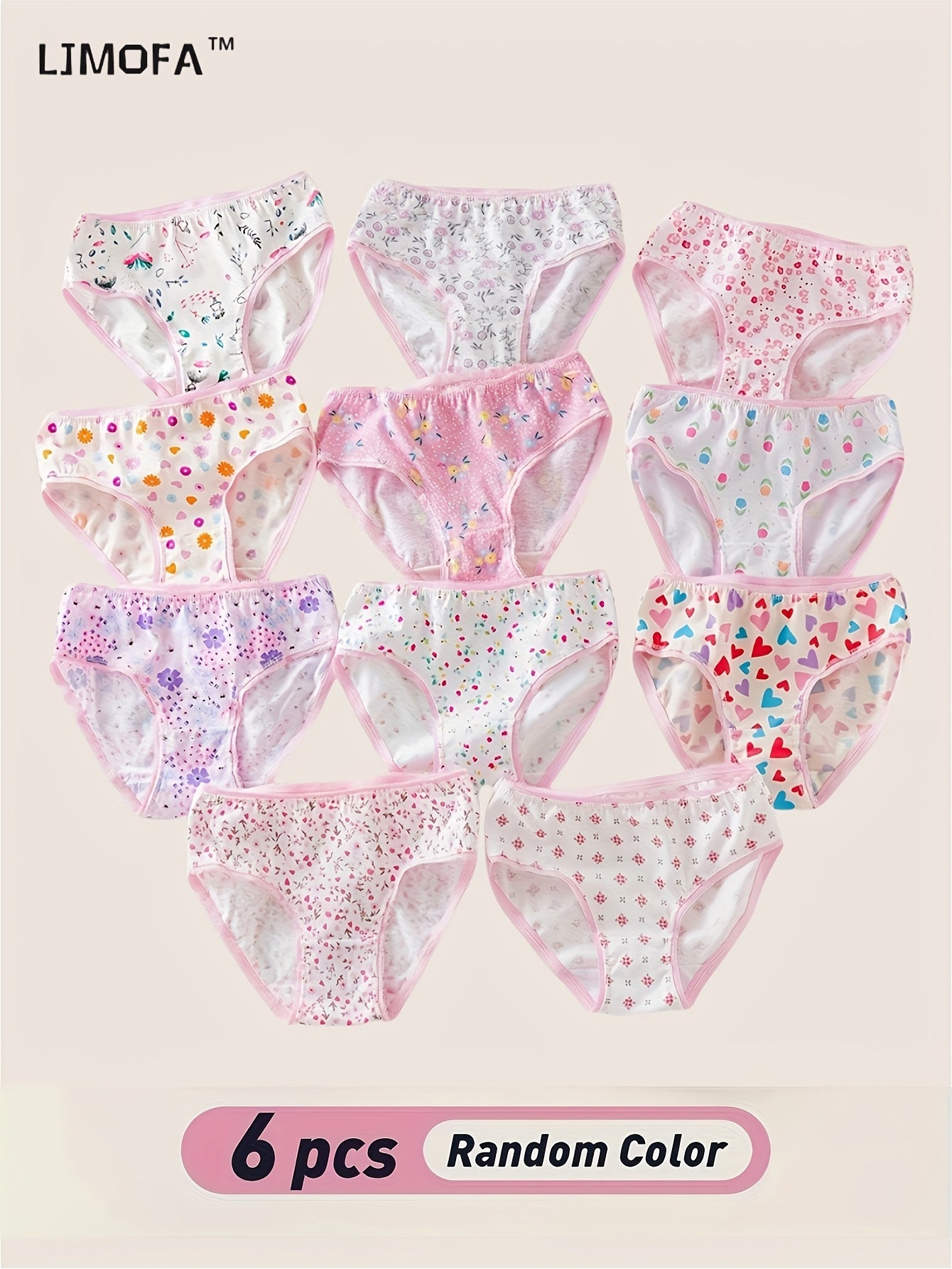Girls Cotton Briefs Set 6 Pieces Floral Print Pink Breathable Lace Underwear