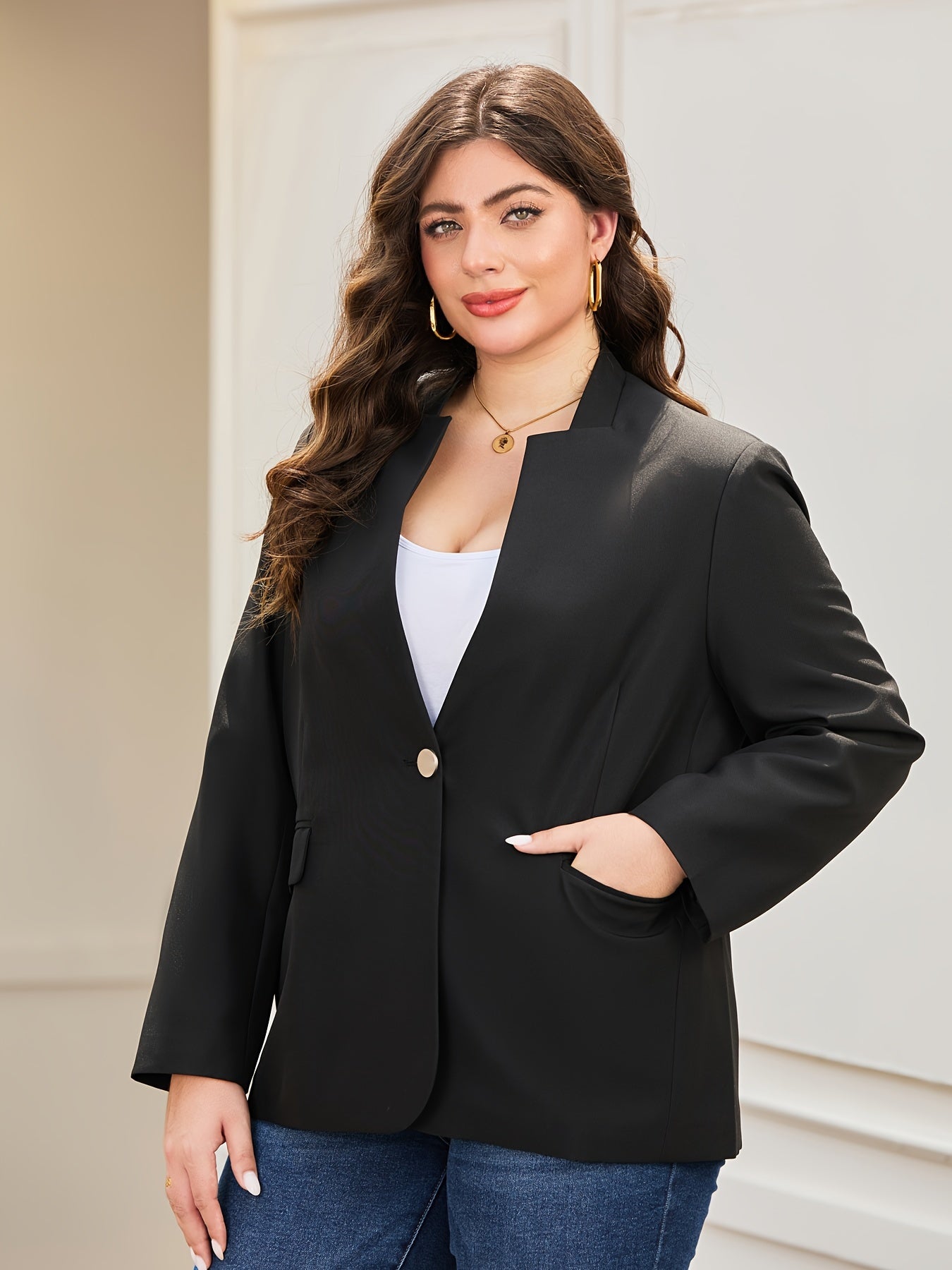 Plus Size Women's Casual Blazer Polyester Blend Deep V-Neck Office Jacket