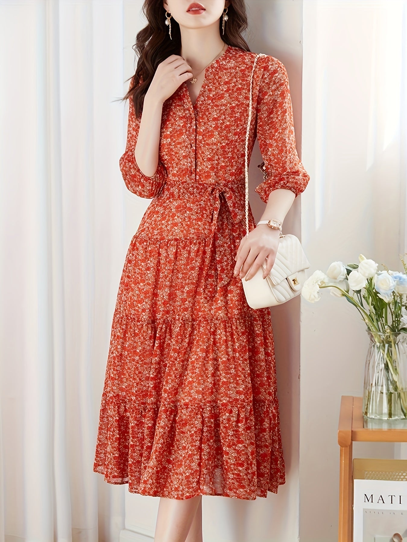 Women's Red Floral Chiffon Maxi Dress with Belt and Tiered Hem