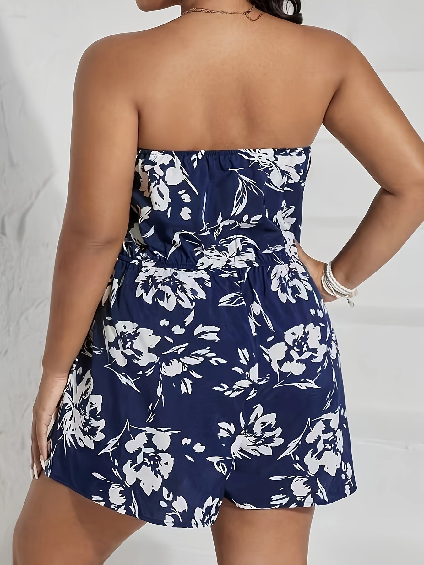 Plus Size Floral Off-Shoulder Romper Navy Blue Sleeveless Jumpsuit