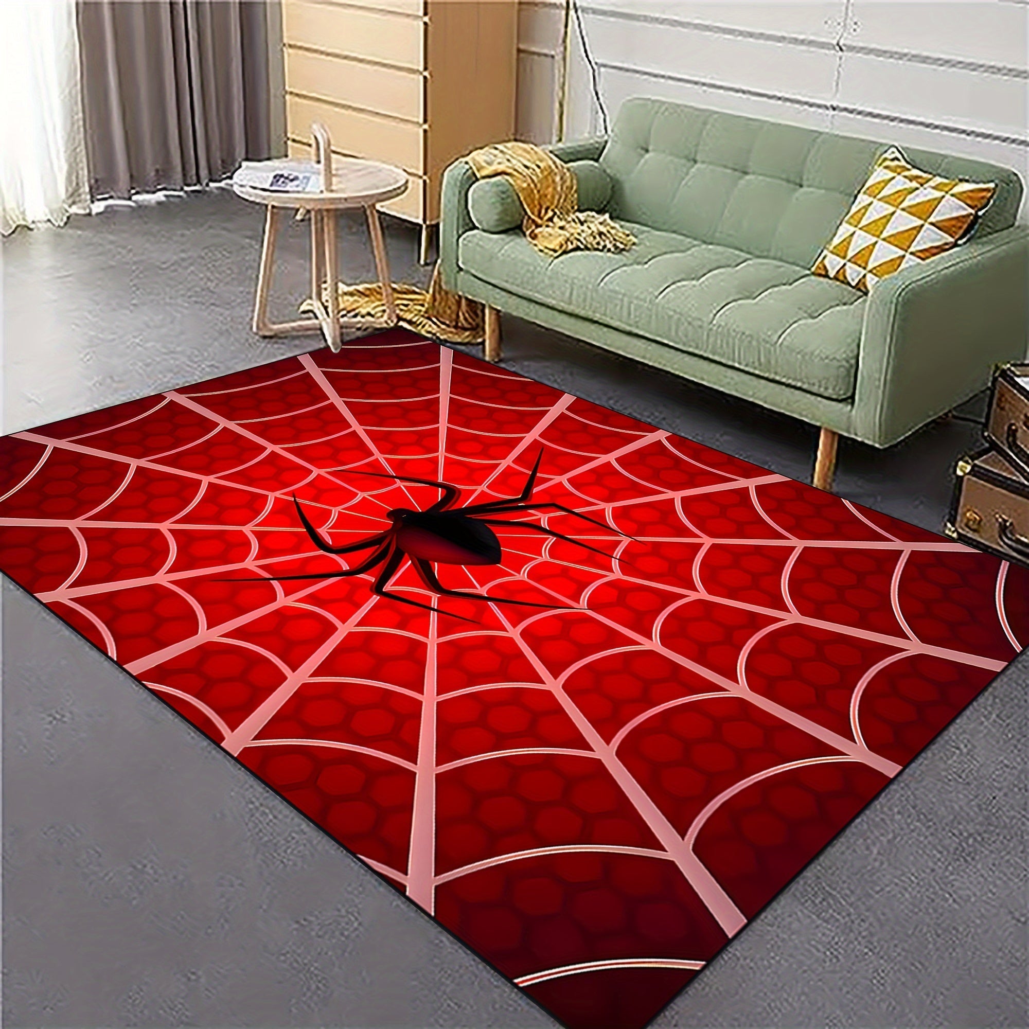 Alfombra de área con patrón de telaraña 3D de poliéster antideslizante y lavable para sala de estar y dormitorio