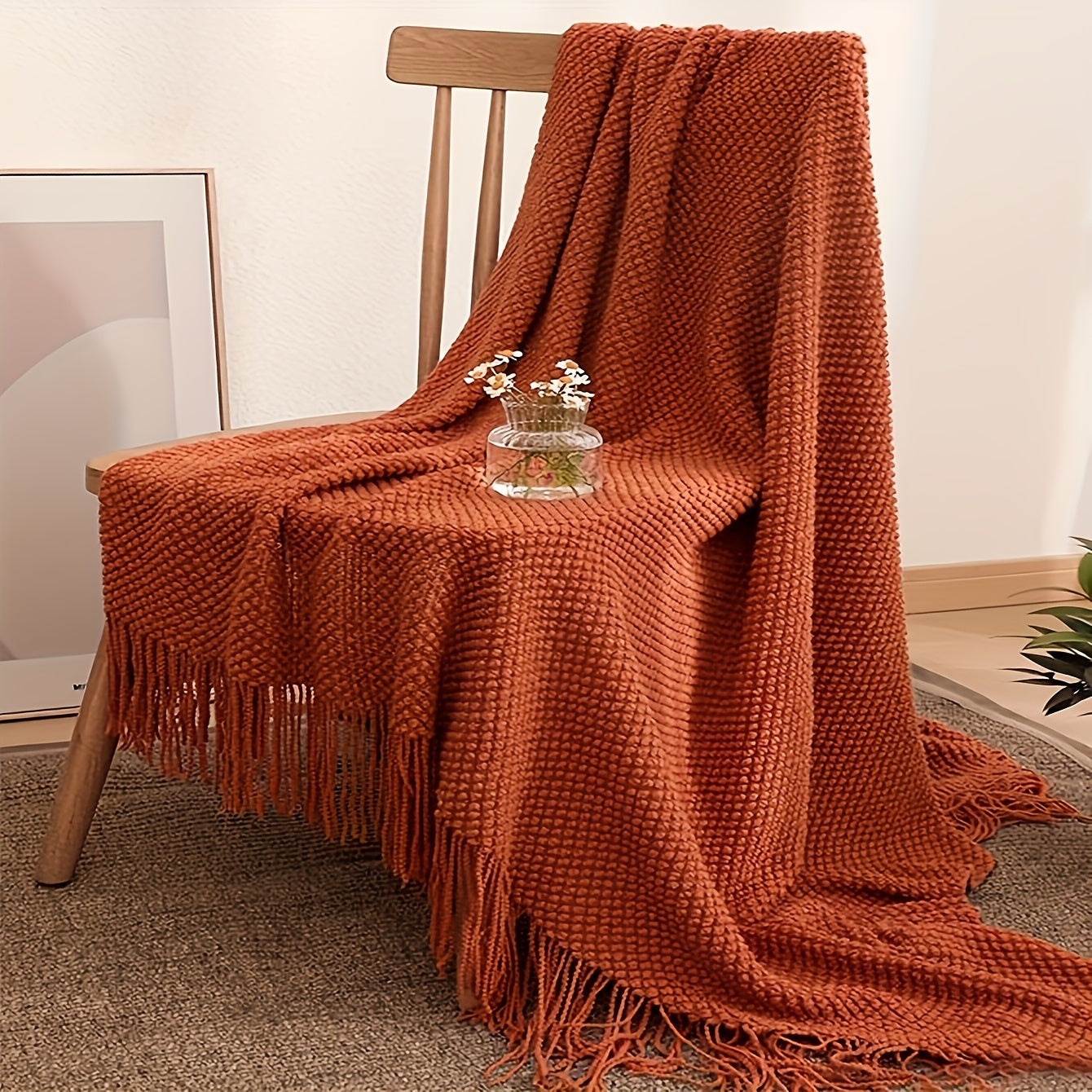 Orange Knit Throw Blanket with Long Tassels Lightweight Soft Bubble Textured for Bed Couch Sofa Chair Outdoor All Season