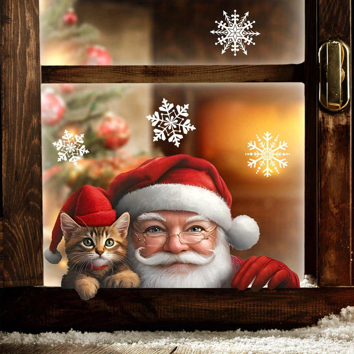 Christmas Window Cling Santa and Kitten Snowflakes Reusable Static Decal 20x30cm