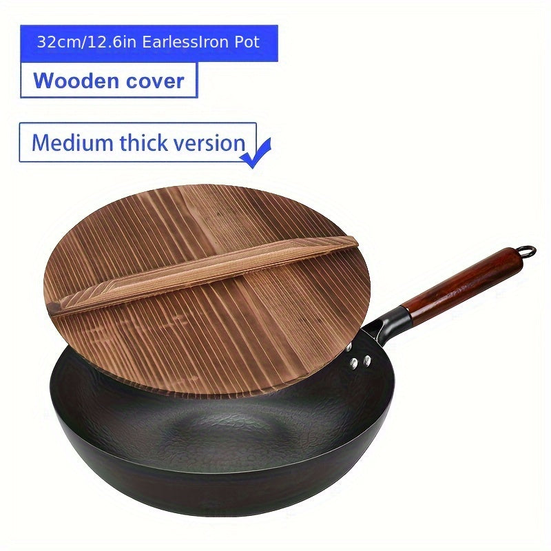 Cast Iron Wok 32cm Non-Stick Hand-Forged Stir-Fry Pan with Wooden Lid