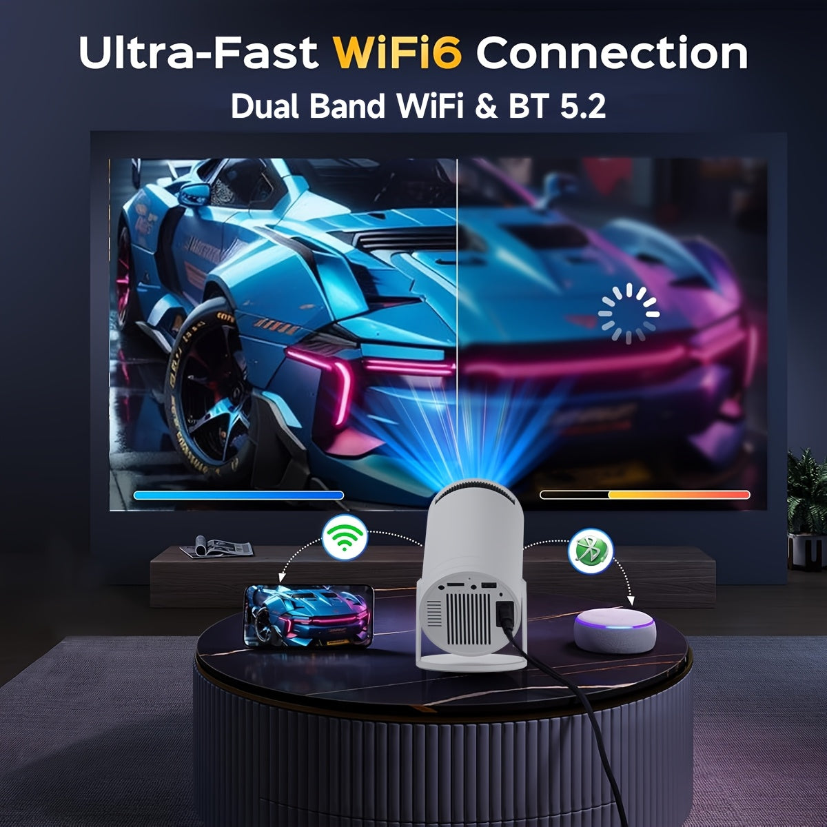 Mini 4K Portable Smart Projector with WiFi6 Auto Correction for Home Office
