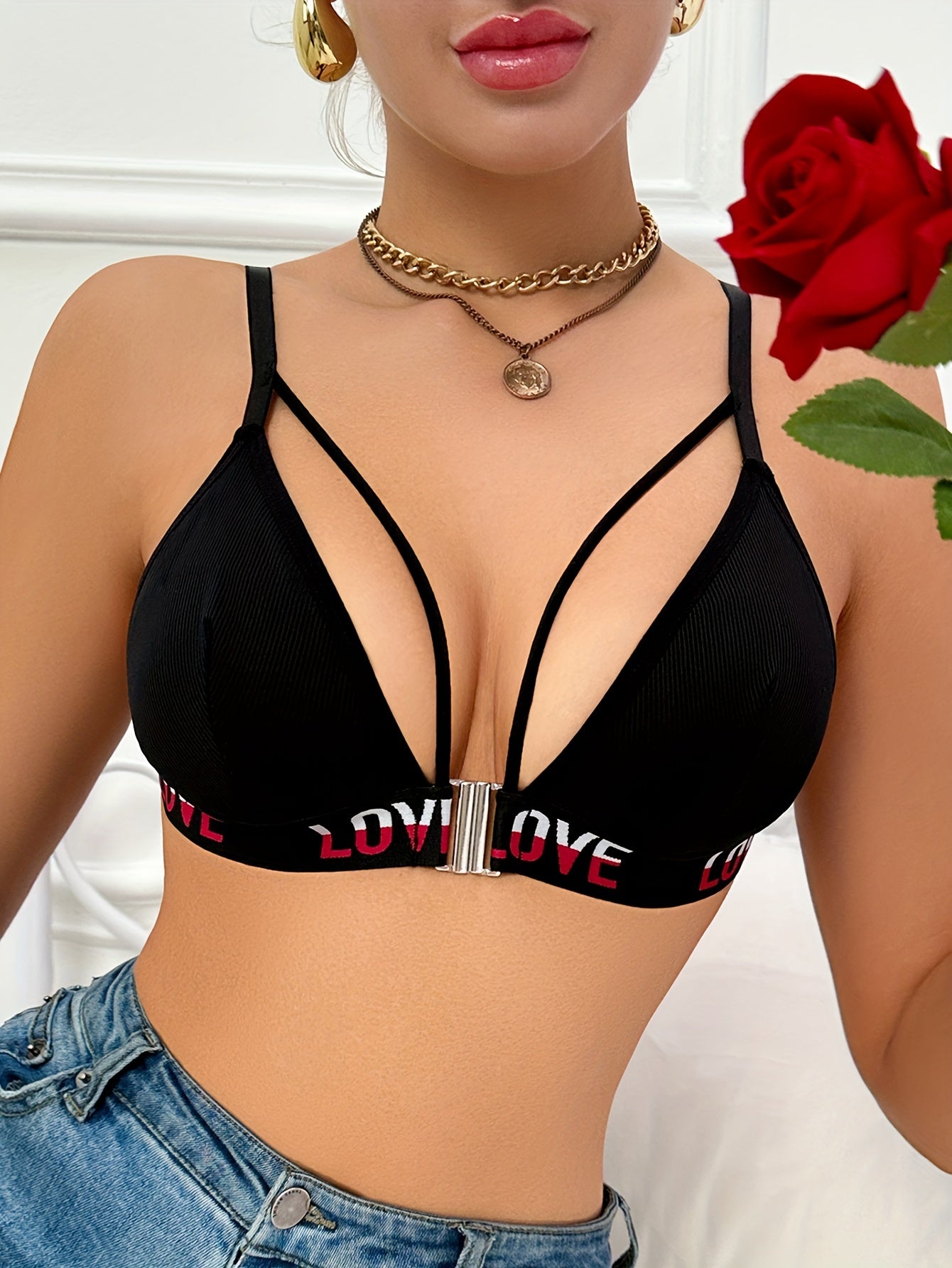 Women's Black Push-Up Bra with Front Closure High Support Soft Polyester Elastane