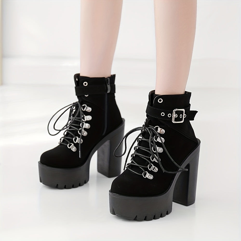 Women's Black Platform Block Heel Ankle Boots, Lace Up Buckle Strap, Fashion Party Motorcycle Style