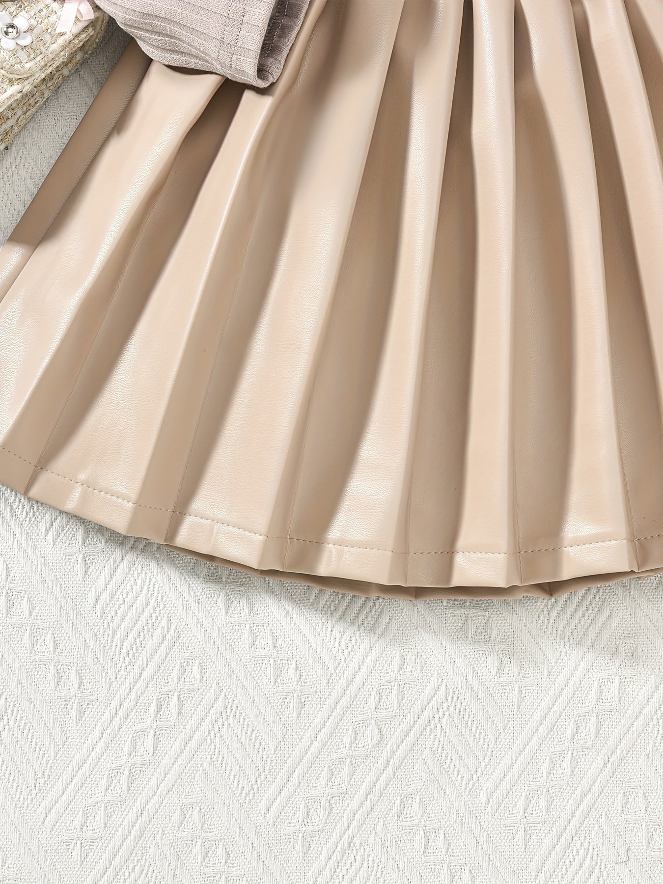 Girls' Knit Set with Mock Neck Top, Pleated Skirt, Furry Bow Vest for Fall Winter