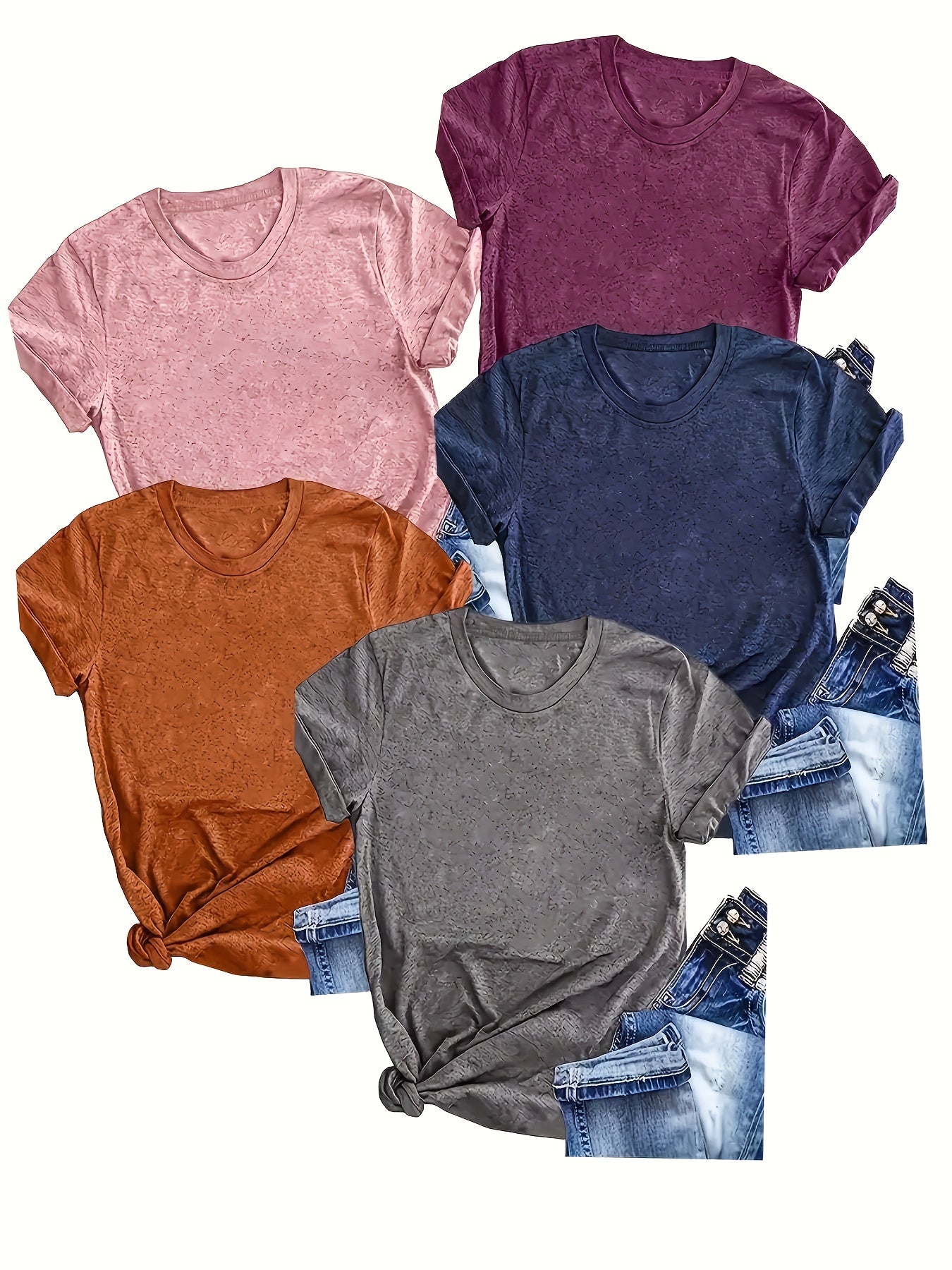 Women's Casual Short Sleeve T-Shirts Set 5 Colors Breathable Cotton