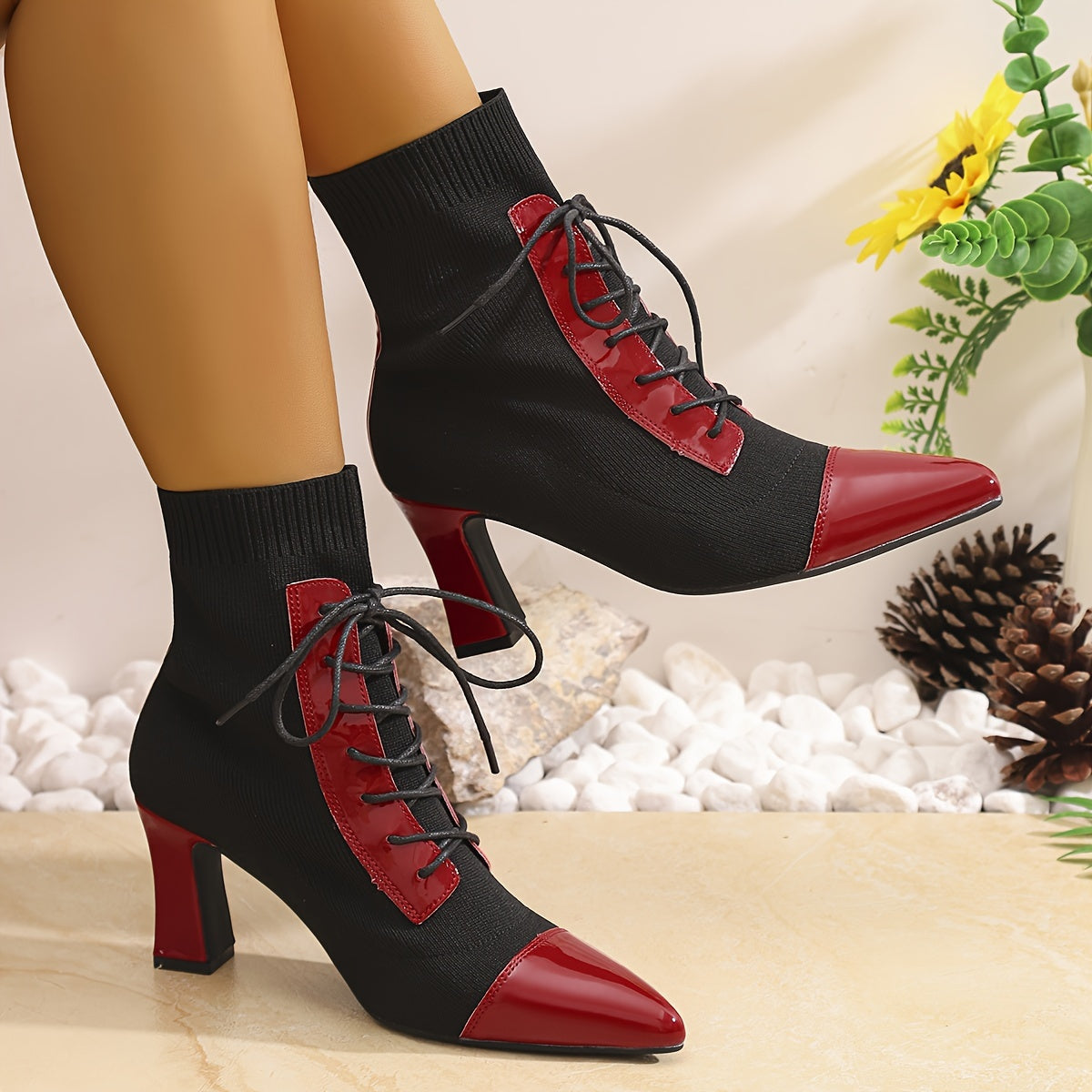 Women's Black and Red Pointed Short Boots Thick Heels Outdoor Shoes
