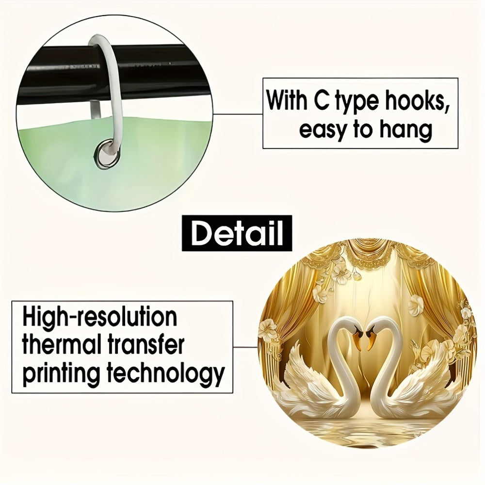 Golden 3D Swans Bathroom Set with Hooks Curtain Mat Seat Cover Rug for Valentine's Day