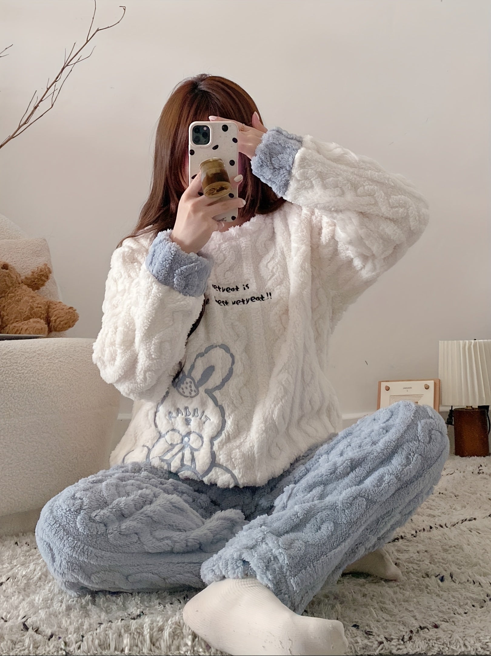 Women's Fleece Pajama Set with Rabbit Pattern Long Sleeve Crew Neck Casual Sleepwear for Teens