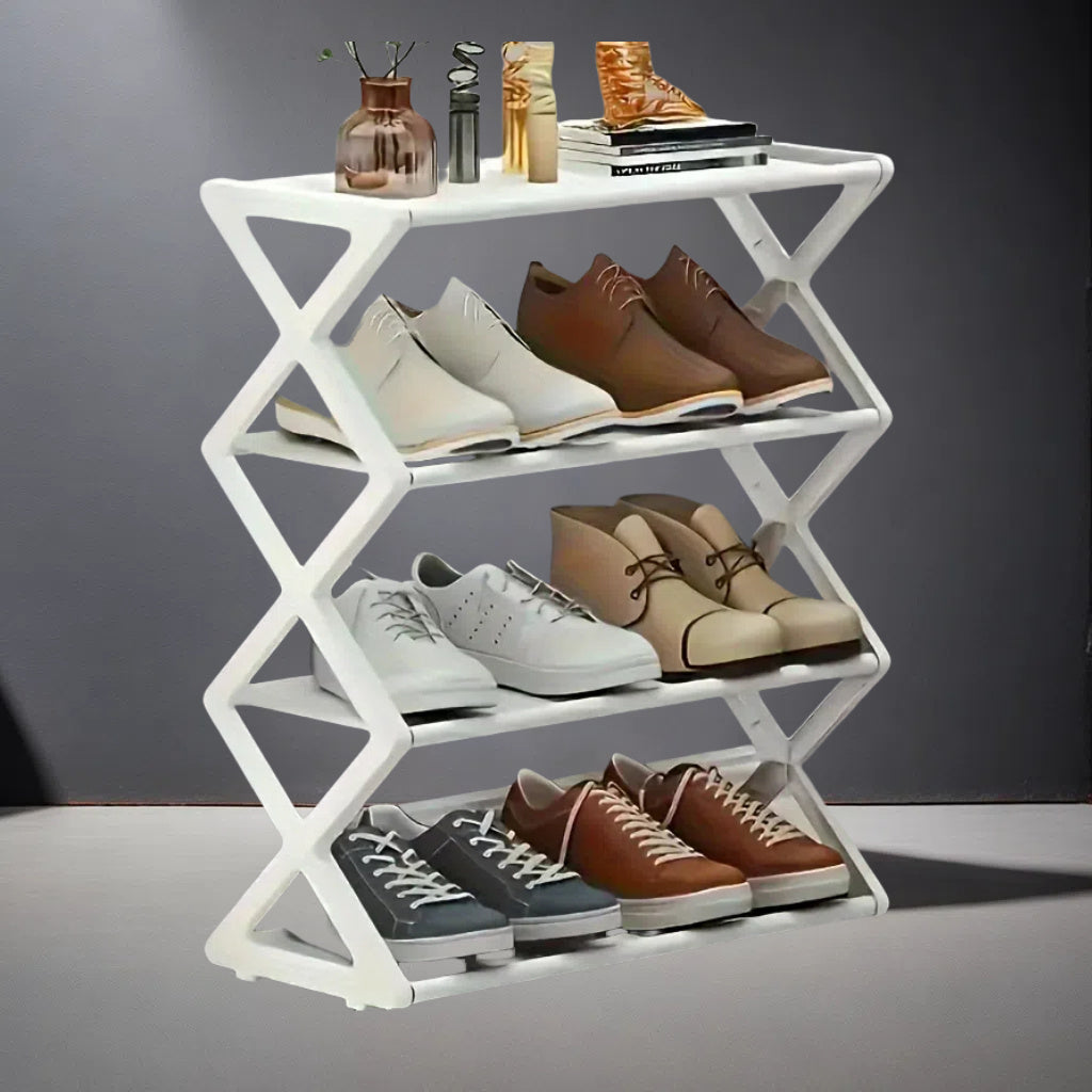 Estante para zapatos plegable negro contemporáneo de 4 niveles, organizador de suelo que ahorra espacio