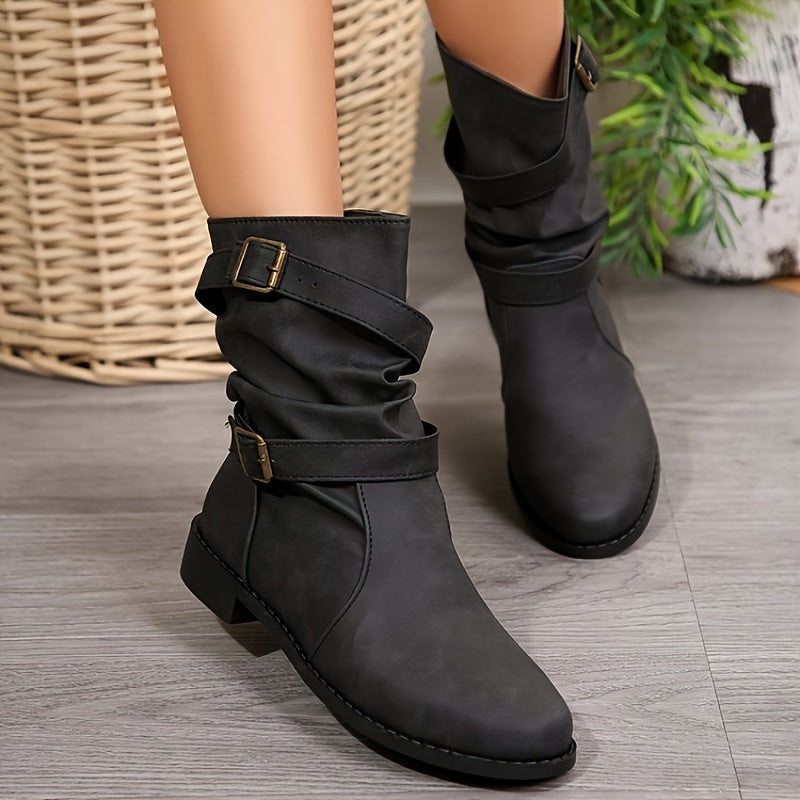 Women's Mid-Calf Boots Leather Laces Zippers Buckle Thick Heels Large Sizes
