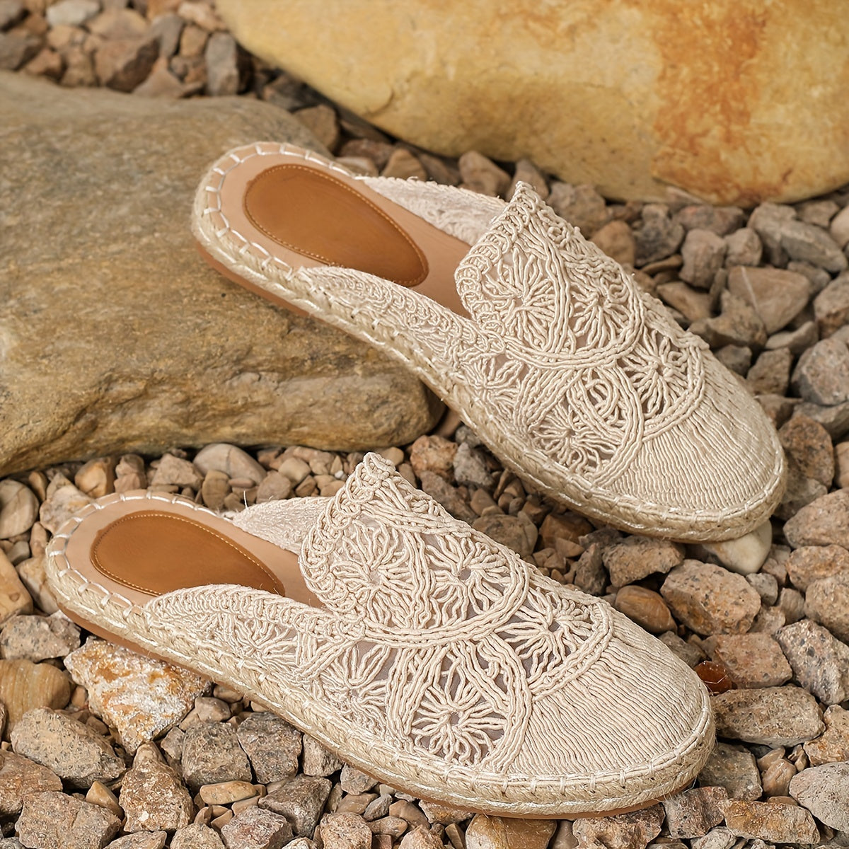 Women's Mesh Flat Slip-On Shoes Casual Vacation Straw Sole Sandals