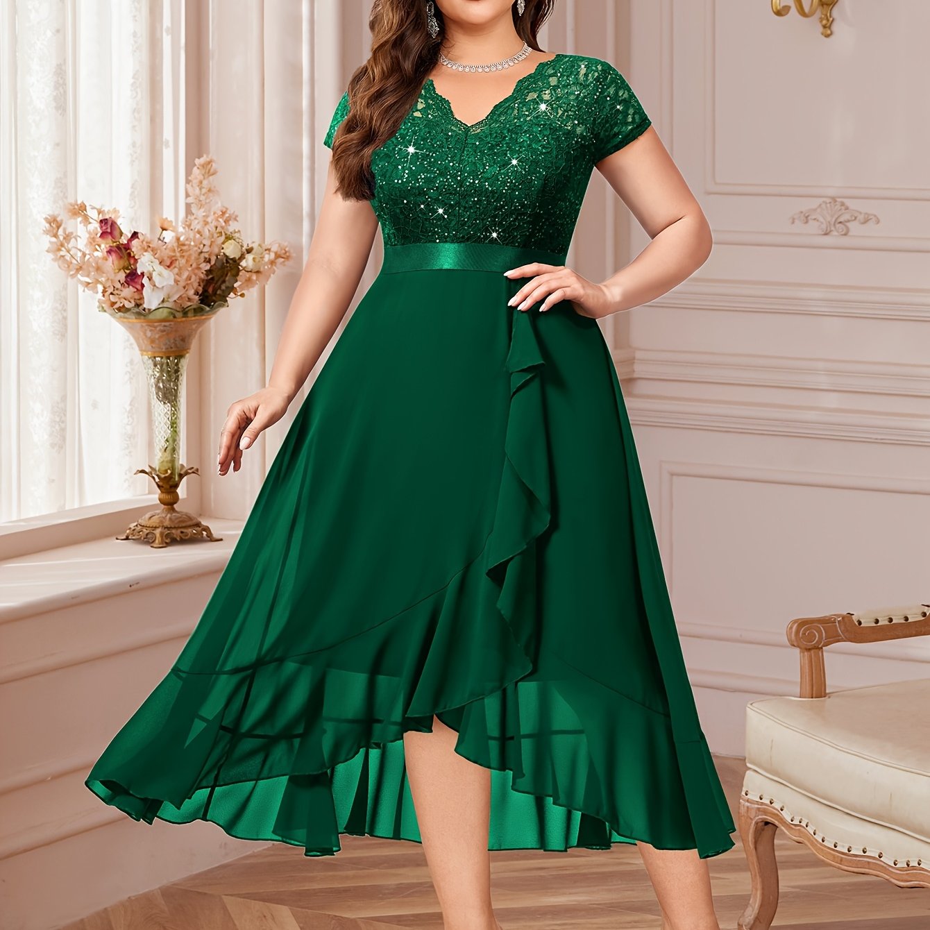 Plus Size V-Neck Lace Dress with Ruffle Hem Sleeveless Midi Party Gown Purple