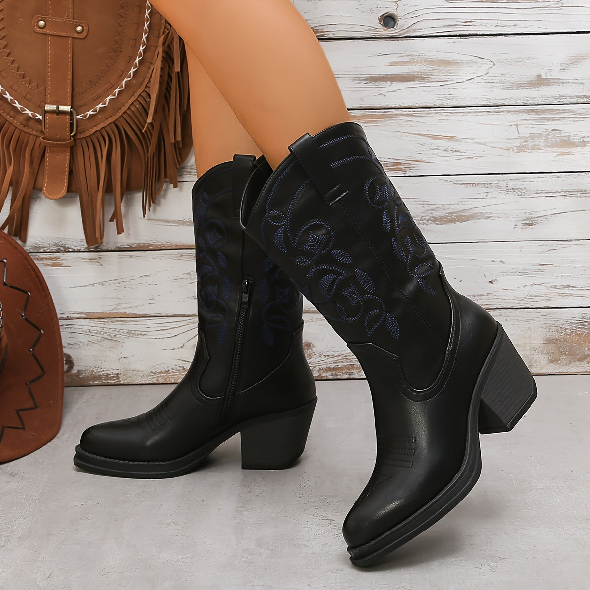 Women's Mid Calf Boots Embroidered Leather Pointed Toe Chunky Heel