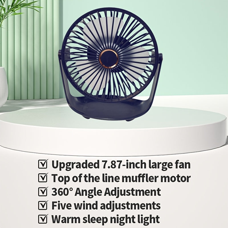 Mini Portable Table Fan with 5 Speeds, Night Light, USB Rechargeable