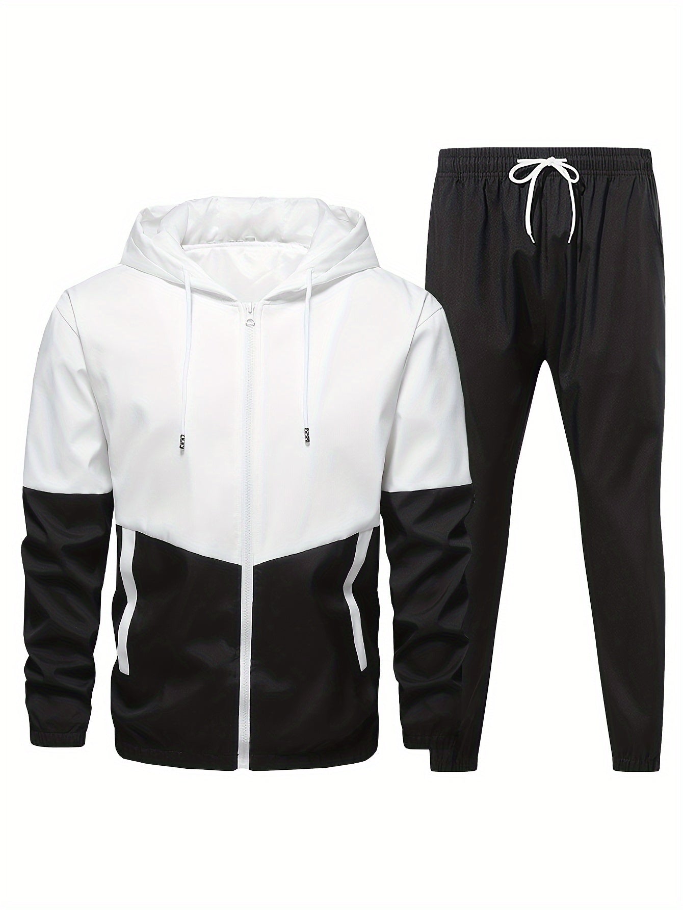 Yoz, kuz va qish mavsumi uchun kapüşonli kurtka, shortlar va shimlardan iborat erkaklar sport tasodifiy kostyumi, rang blokirovkasi bilan juft uslubida.