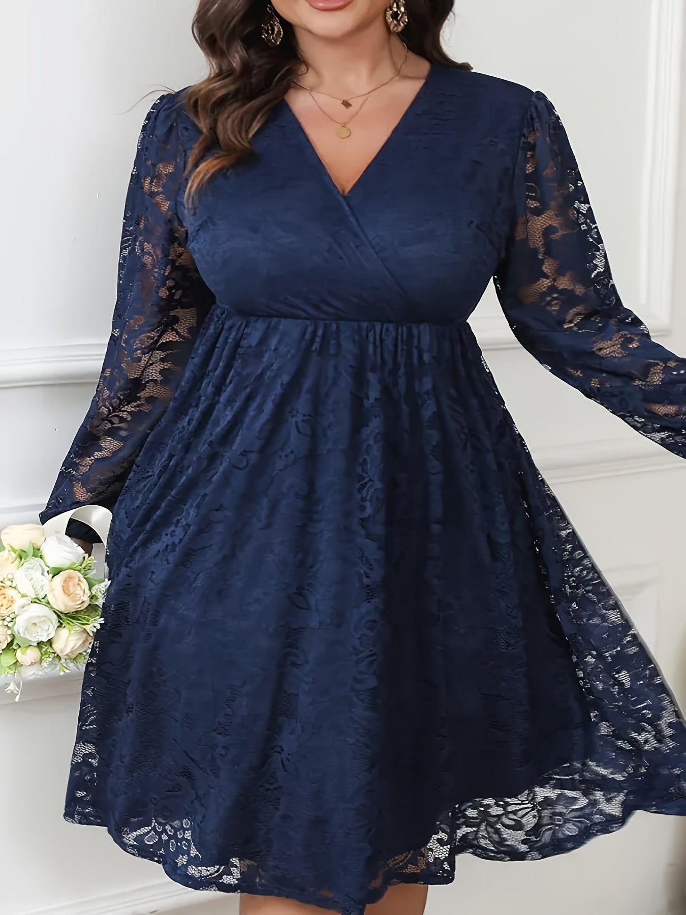 Plus Size Women's V-Neck Lace A-Line Dress Navy Blue Midi Fit and Flare