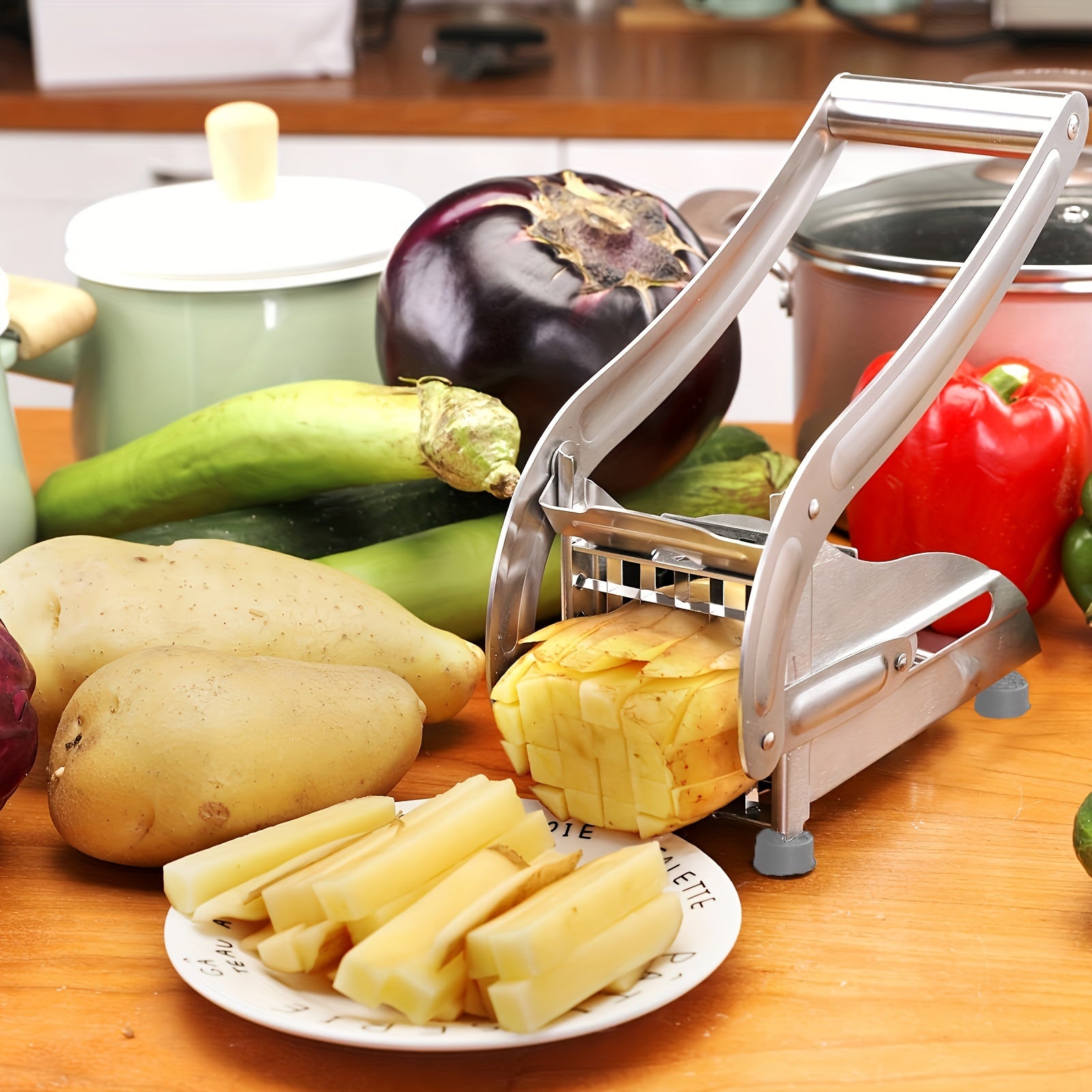 Cortador de papas de grado comercial de acero inoxidable con múltiples tamaños de cuchillas para patatas, zanahorias y pepinos