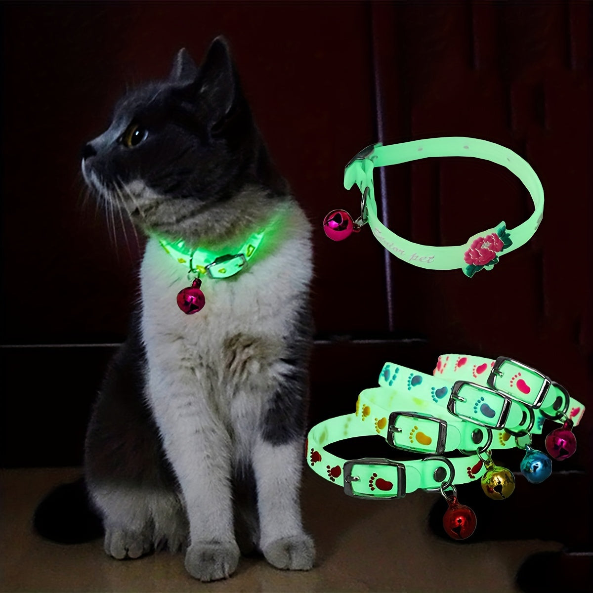 8-Pack Cartoon Silicone Cat Collars with Glow-in-the-Dark Bell Reflective Safety Adjustable Small Pets