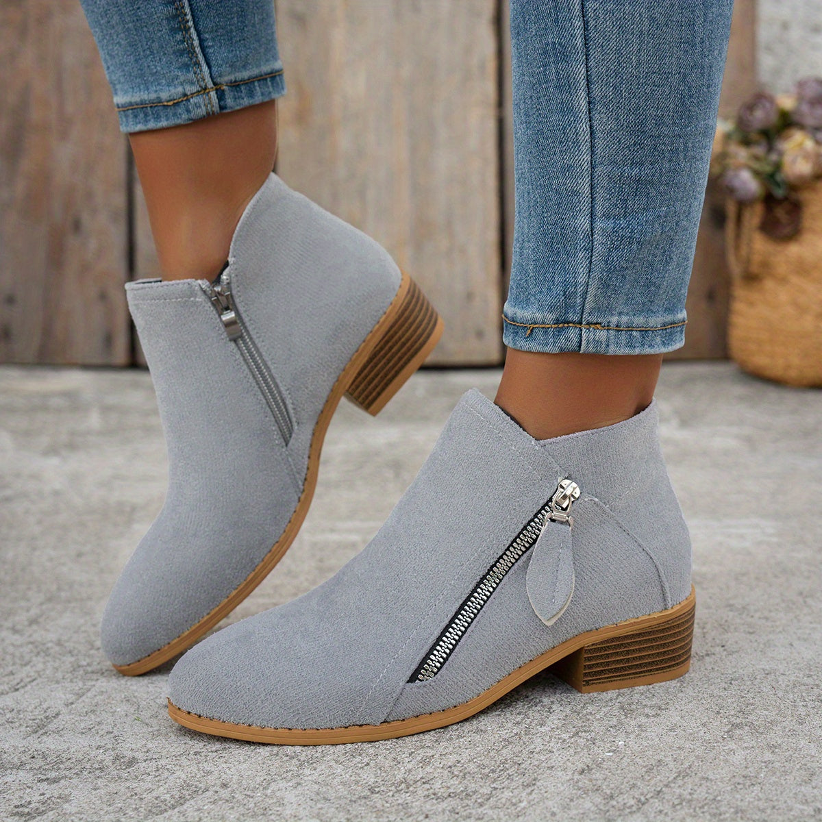 Women's Fashion Ankle Boots Solid Color Mid Heel Casual Slip-Ons