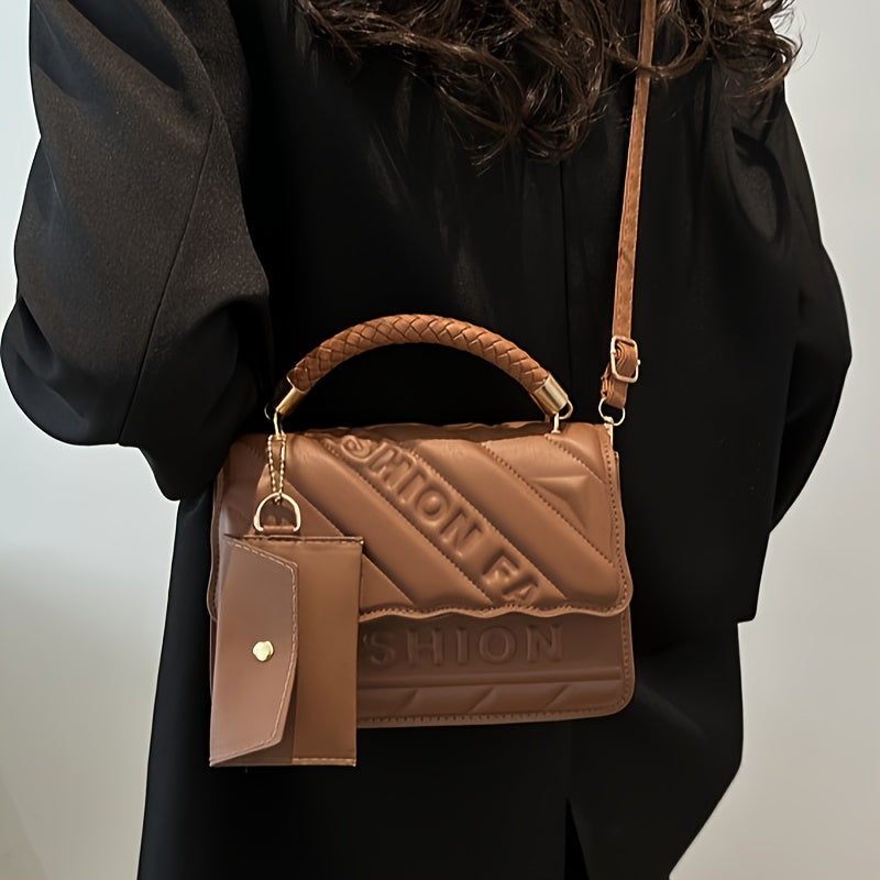 Chic ayollar uchun kesilgan sumka, tangalar uchun cho'ntak, braidlangan tutqich, oltin rangli apparatura, "FASHION" naqshi bilan bosilgan, chuqur jigarrang/qora rang, har qanday holat uchun ideal.