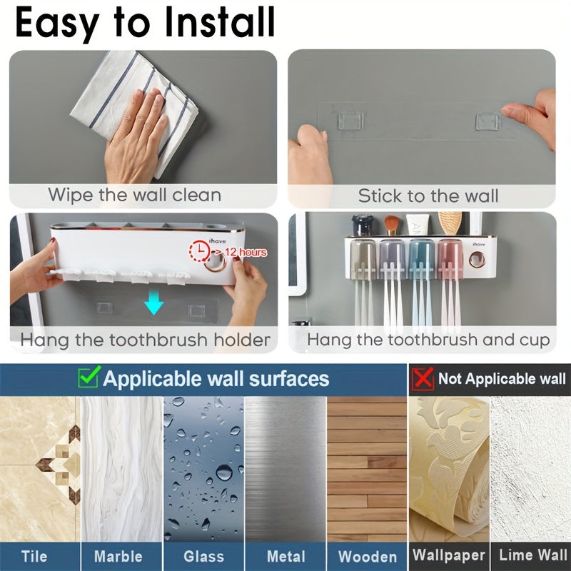 Wall-Mounted Bathroom Toothbrush Holder with Dispenser and Tumbler Set