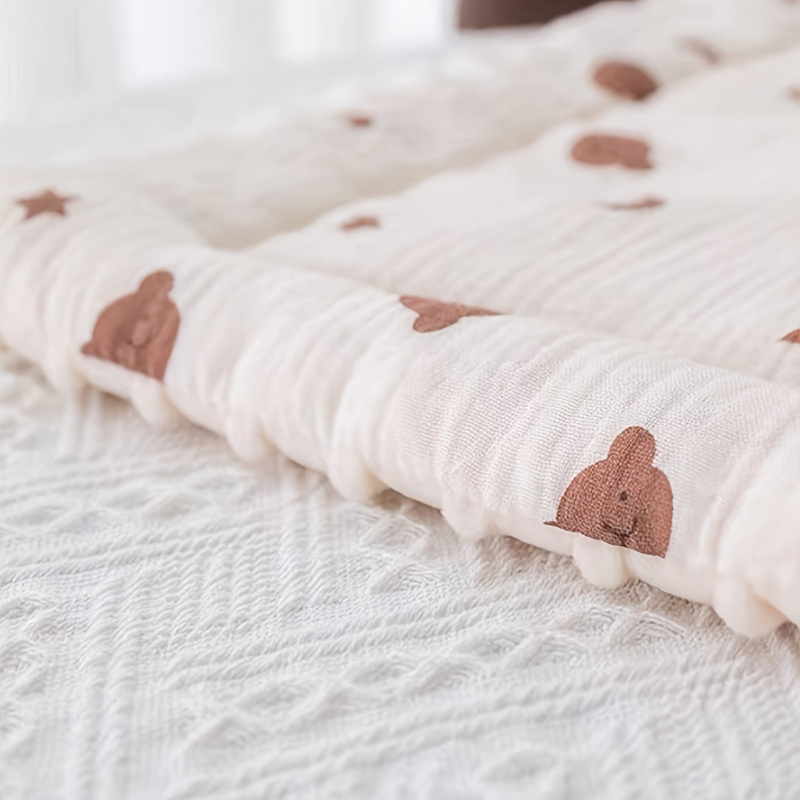 Double-Sided Cotton Baby Stroller Mat Beige with Moon Bear Design Soft Washable