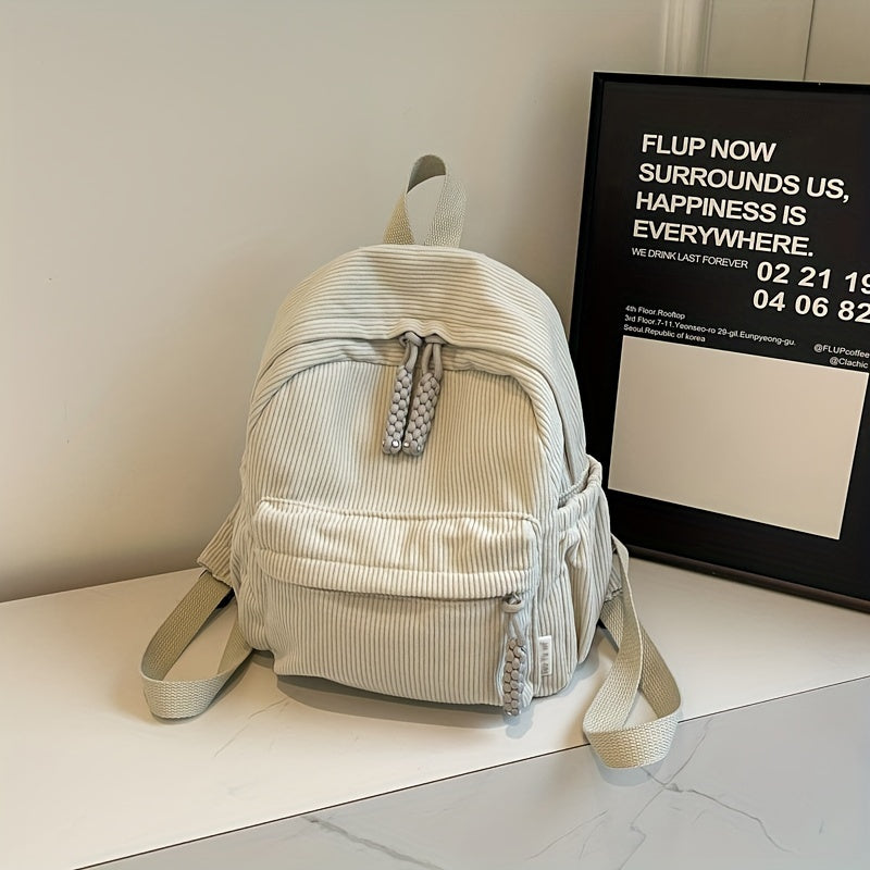 Talabalar uchun mo'ljallangan, zamonaviy va qish mavsumi uchun mustahkam tasma bilan chiziqli korduroy ruksak.