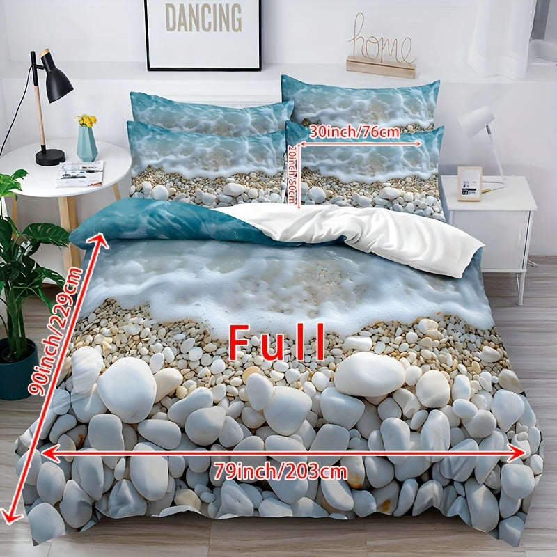 Conjunto de ropa de cama de 3 piezas con patrón de mármol azul y blanco, funda de edredón de poliéster y fundas de almohada