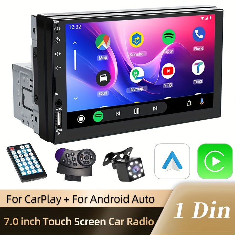 HIPPCRON Yagona DIN Avtomobil MP5 Multimedia O'yinchisi 17.78 sm HD sensorli ekran, simli CarPlay va AndroidAuto qo'llab-quvvatlash, pastki qismida Radio Box, MirrorLink va navigatsiya uchun simsiz ulanish bilan.