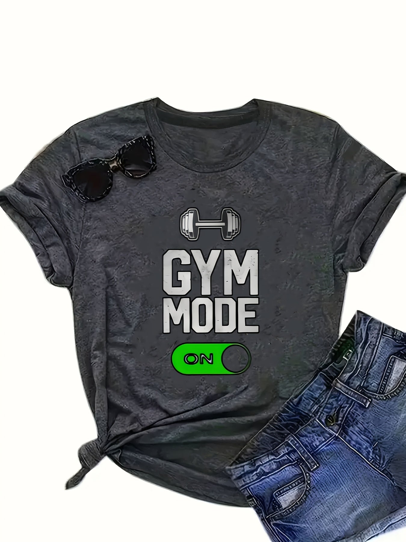 Women's Plus Size Gray Gym Graphic Print T-Shirt with Dumbbell Design