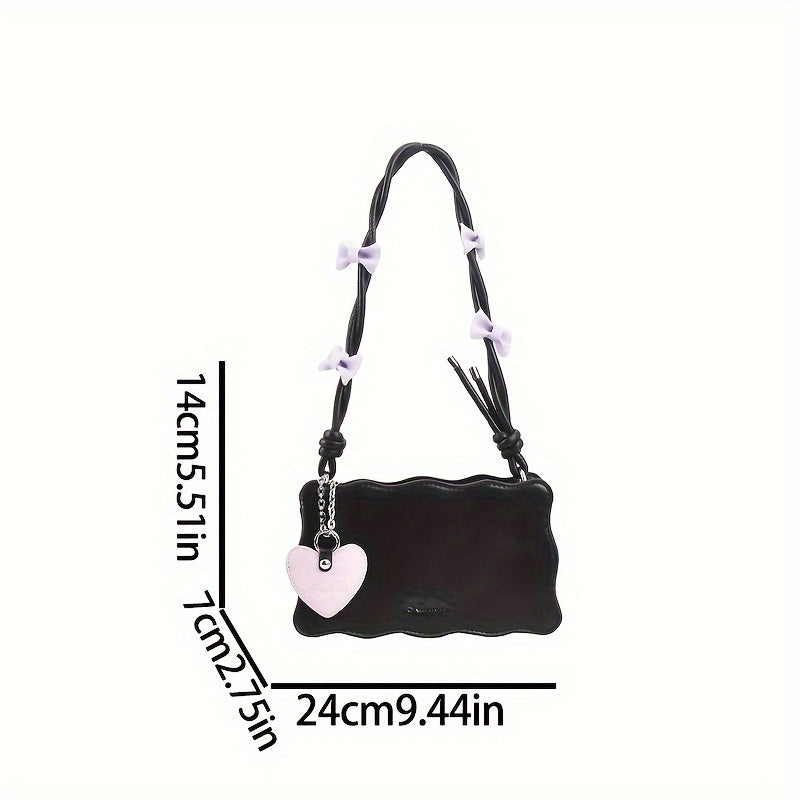 PU Leather Baguette Shoulder Bag with Butterfly Bow Accents Water-Resistant Zipper Closure