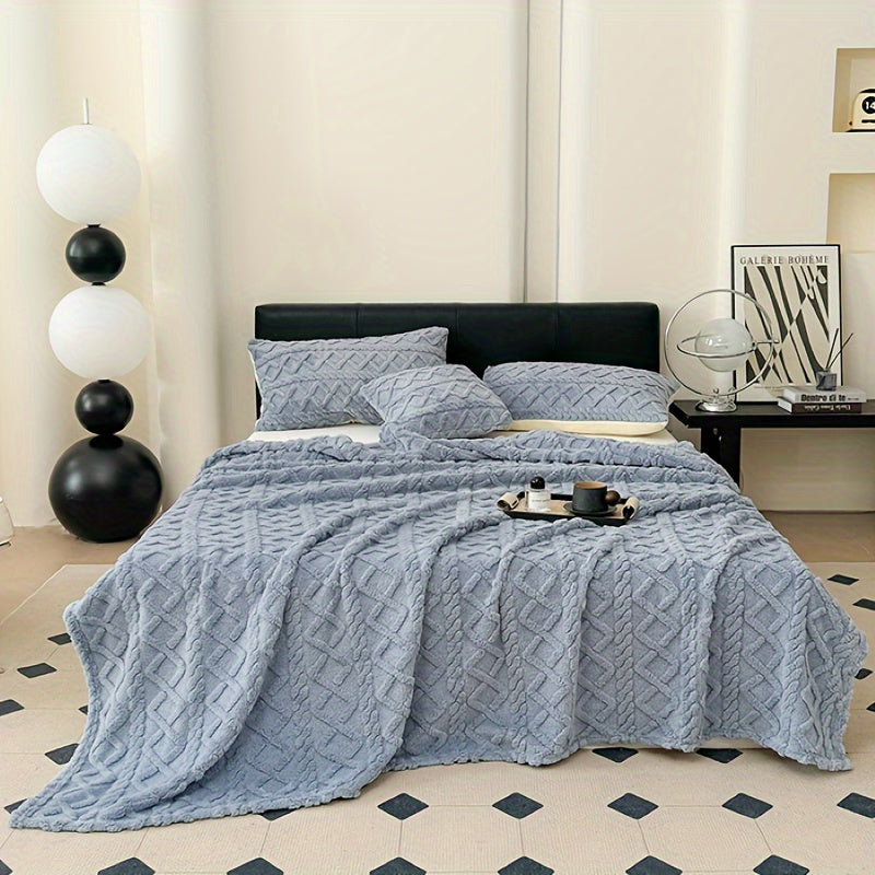 Double-Sided Velvet Office Blanket Rhombus Grid Tartan and Solid Color Square Pattern