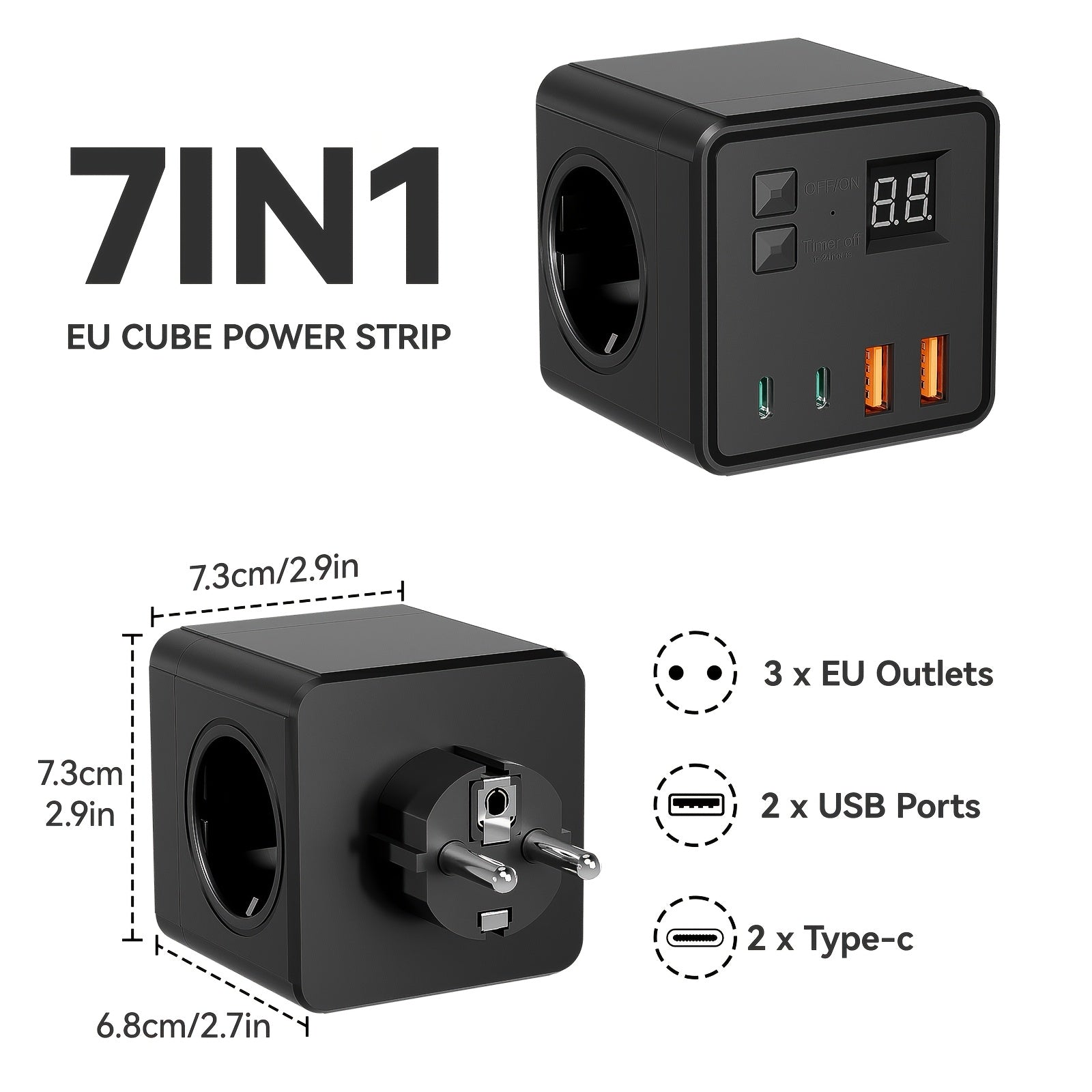7-in-1 Multi-Socket Surge Protector Power Strip with USB Type-C and Timer Function