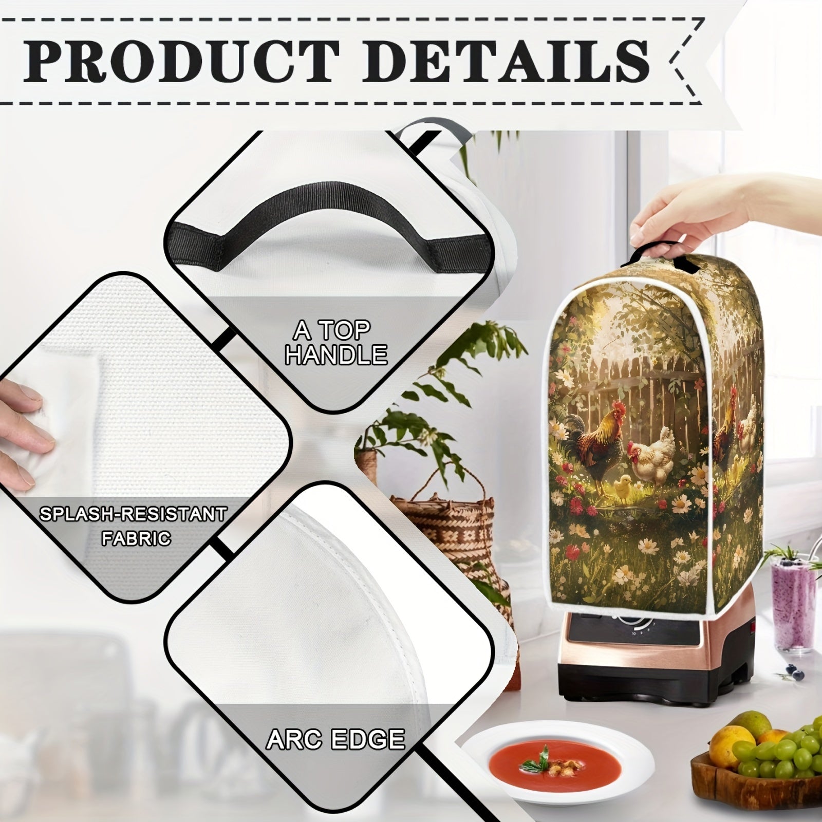 Foldable Kitchen Appliance Cover with Top Handle Daisy Rooster Pattern Small Food Processor Protector