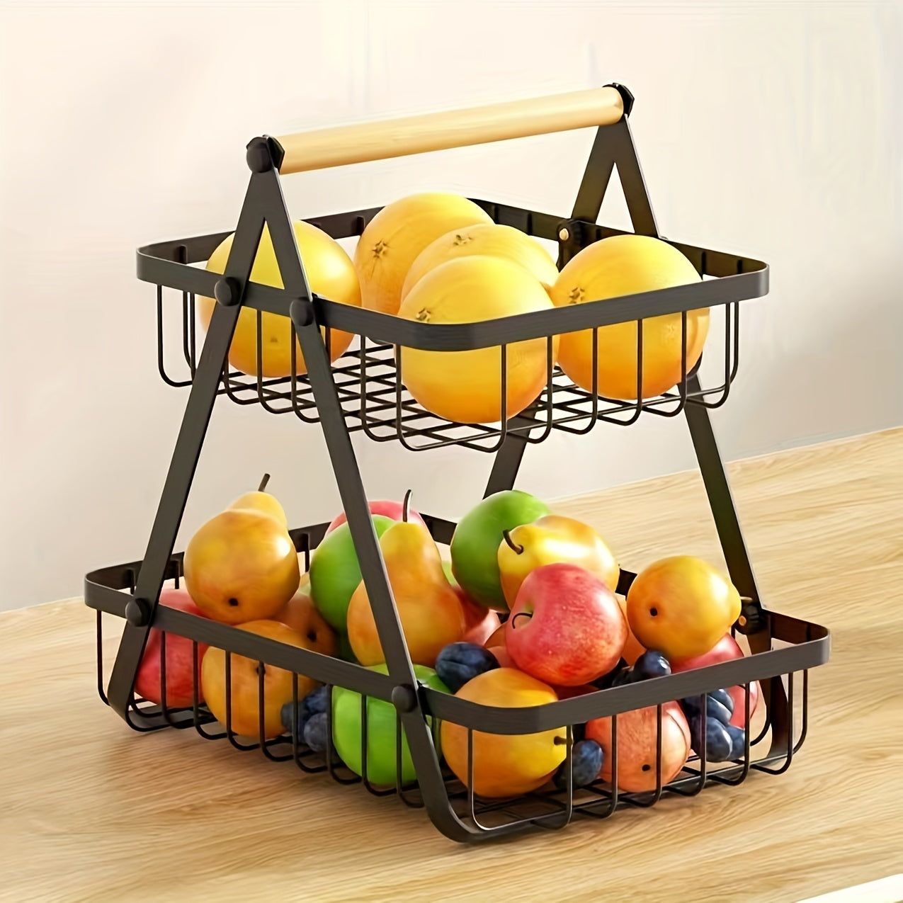 Metal Fruit and Vegetable Basket with Detachable Bowl and Wooden Handle for Kitchen Storage