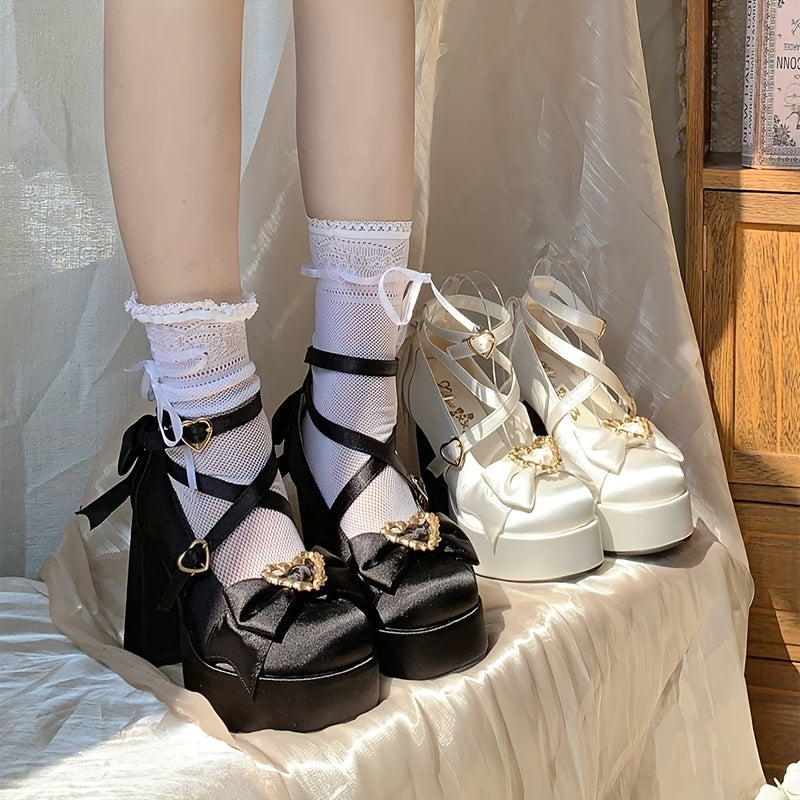 Women's Chunky Heel Pumps with Bow and Heart Buckle Fabric All-Season
