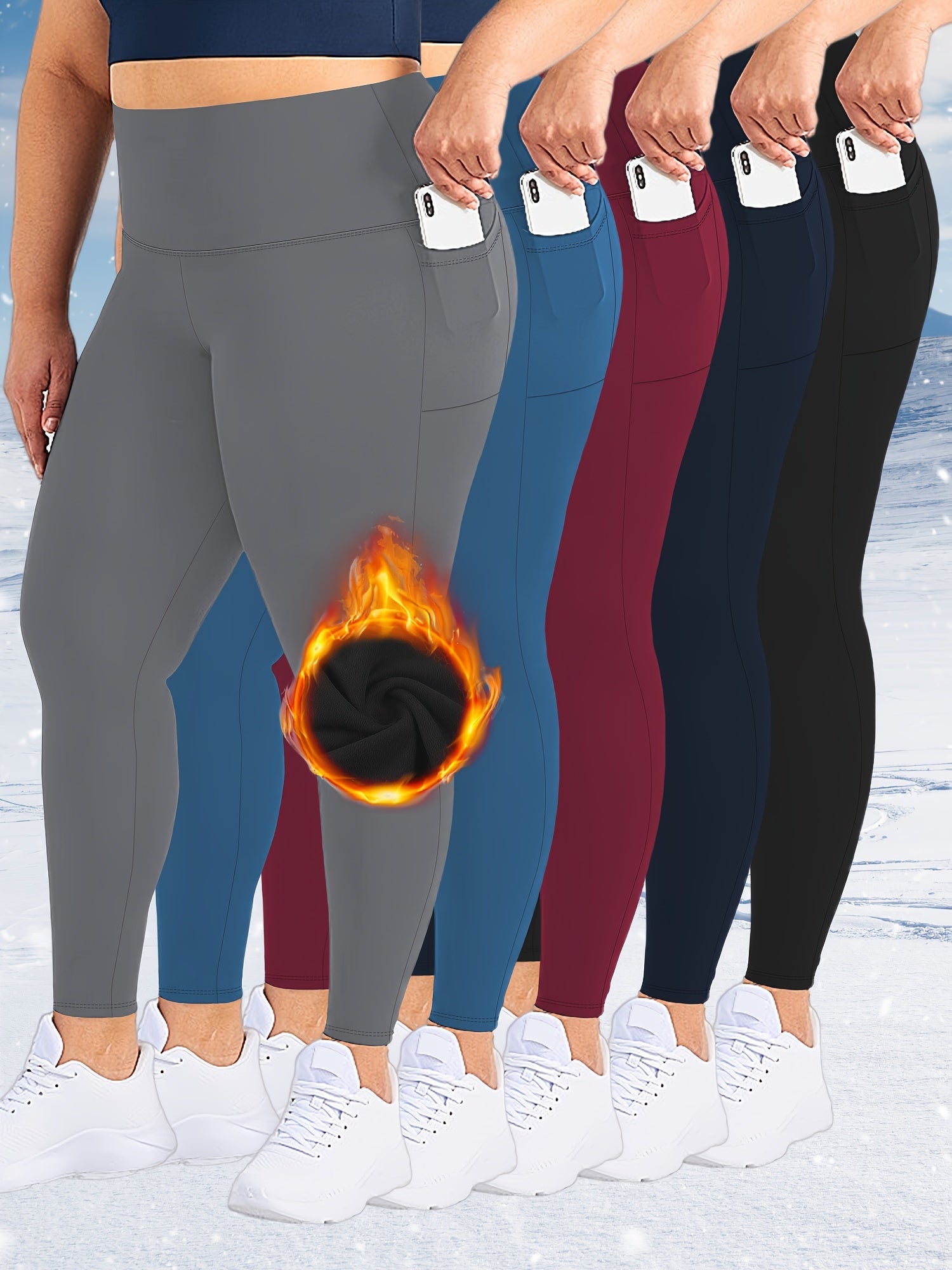 Plus Size Women's Fleece-Lined Leggings with Pockets Thermal Yoga Pants
