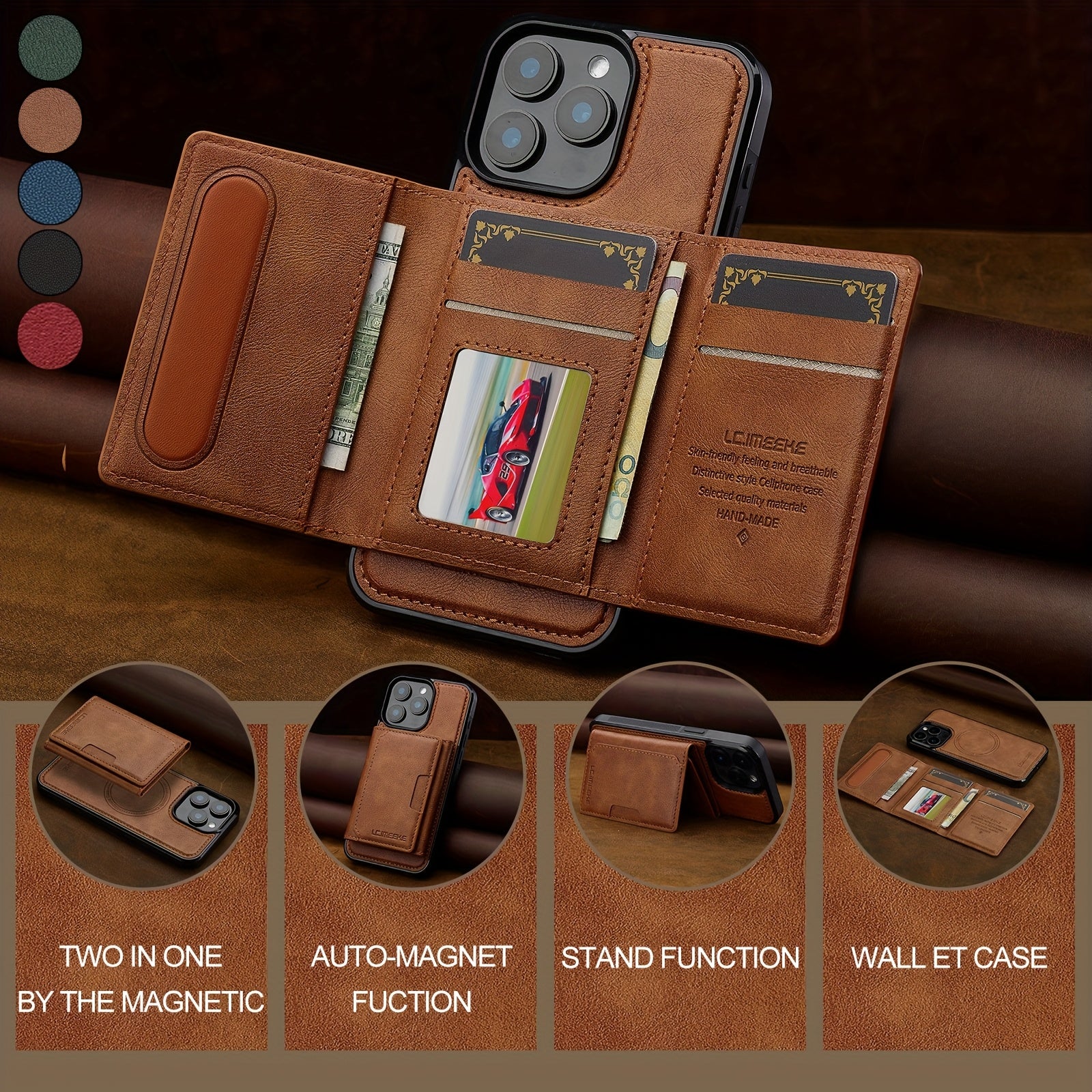 Detachable Faux Leather Phone Case for iPhone 11-16 with Card Slots and Magnetic Wireless Charging