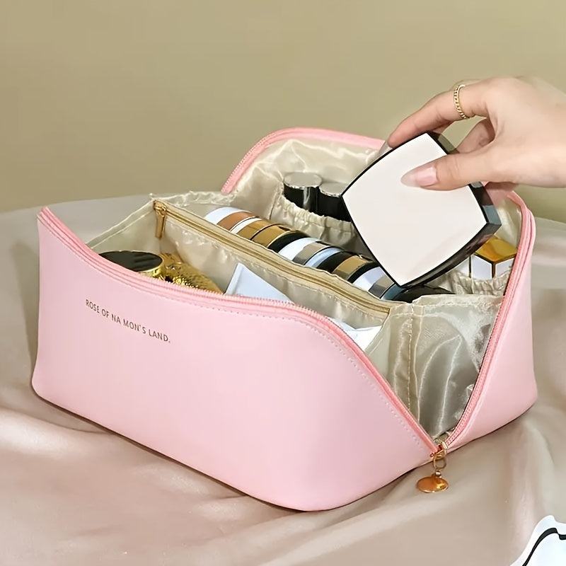 Double-Layer Leather Travel Cosmetic Bag for Men and Women Waterproof Makeup Organizer