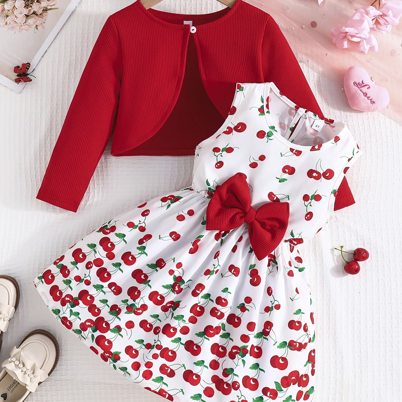 Girls' Valentines Day Outfit Set Long-Sleeved Cardigan and Sleeveless Sundress for Kids